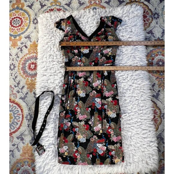 52 Greek Street Dress Women's 12 Black Faux Wrap Floral 100% Cotton Belted Midi - Picture 4 of 10